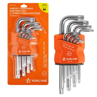 Набор Г-образных ключей TORX с отв. коротких 9 предметов (Т10, Т15, Т20, Т25, Т27, Т30, Т40, Т45, Т50) пласт.подвес