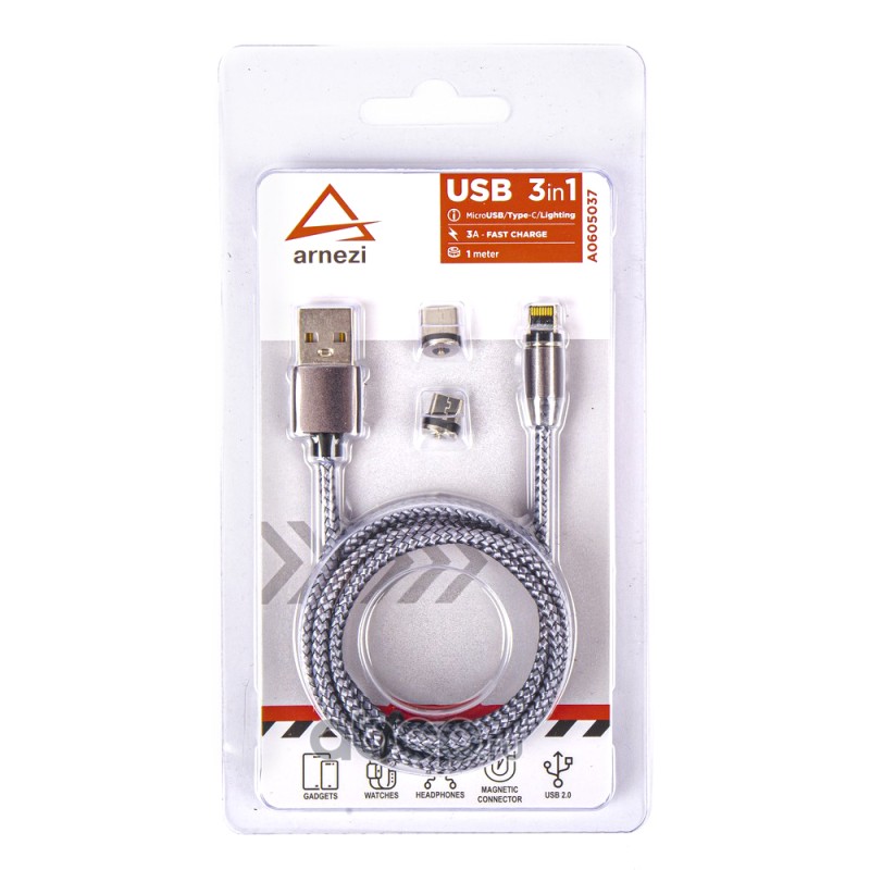Дата-кабель зарядный 3в1 USB Micro/Type C/Lightning (1 м, 3А) магнитный коннектор, c подсветкой