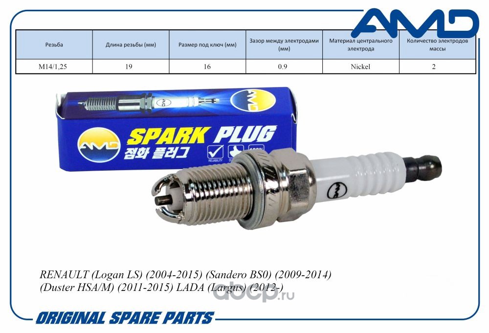 Свеча зажигания 7700500168/BKR-6EK/AMD.PL52 (2 электрода массы) (Nickel) AMD