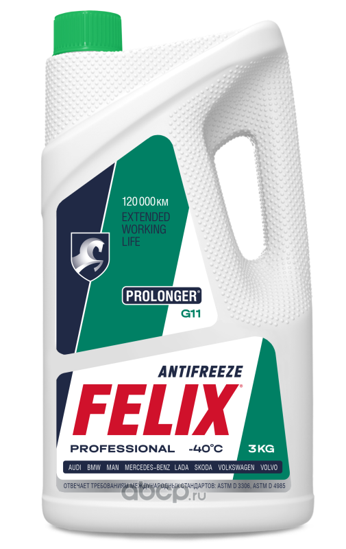 Антифриз, готовый раствор FELIX Prolonger G11, зеленый, HOAT, -40 °C, 3кг · FELIX 430206327