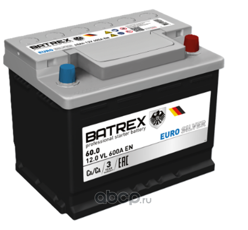 Аккумулятор EUROSILVER 60 Ah, 600 A, 242 х 175 х 175 обр.