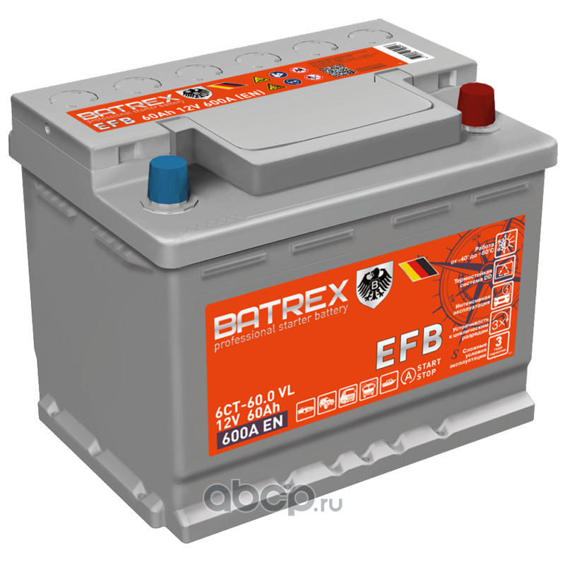 Аккумулятор EFB 60 Ah, 600 A, 242 х 175 х 190 обр.
