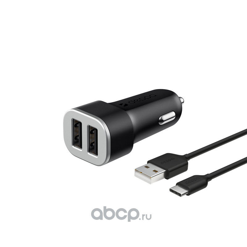 АЗУ 2 USB 2.4А + кабель USB Type-C, черный, Deppa