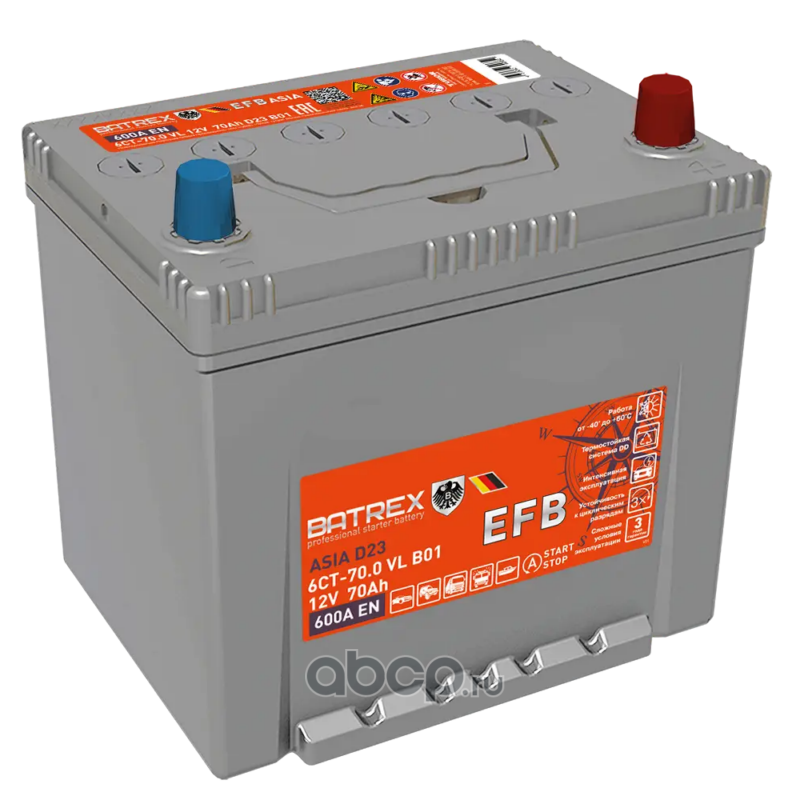 Аккумулятор ASIA EFB 70 Ah, 600 A, 230 х 175 х 223 обр. 95D23L